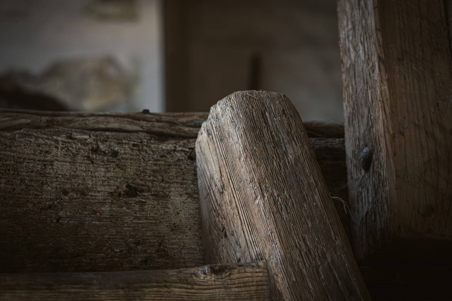 Worked timber and rope detail inside Cogglesford Mill.