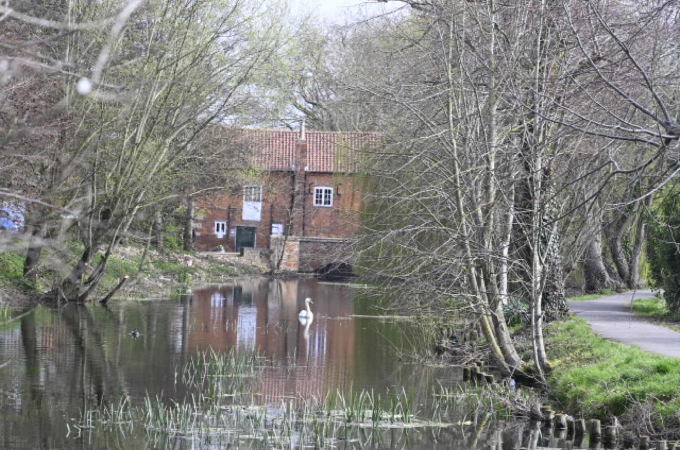 Cogglesford Mill reflected in still water.